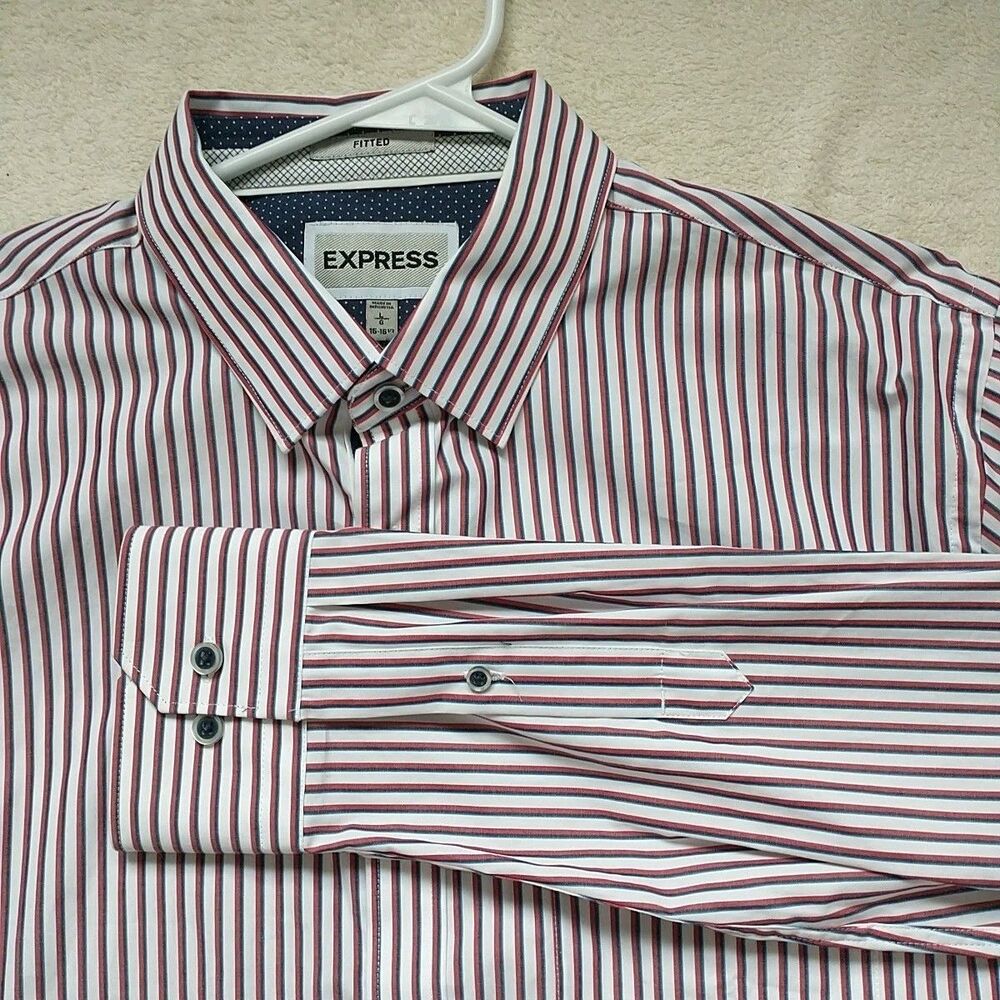 New*Express Button Up Shirt Mens L Fitted 16-16.5 Blue Red White Stripes Pocket